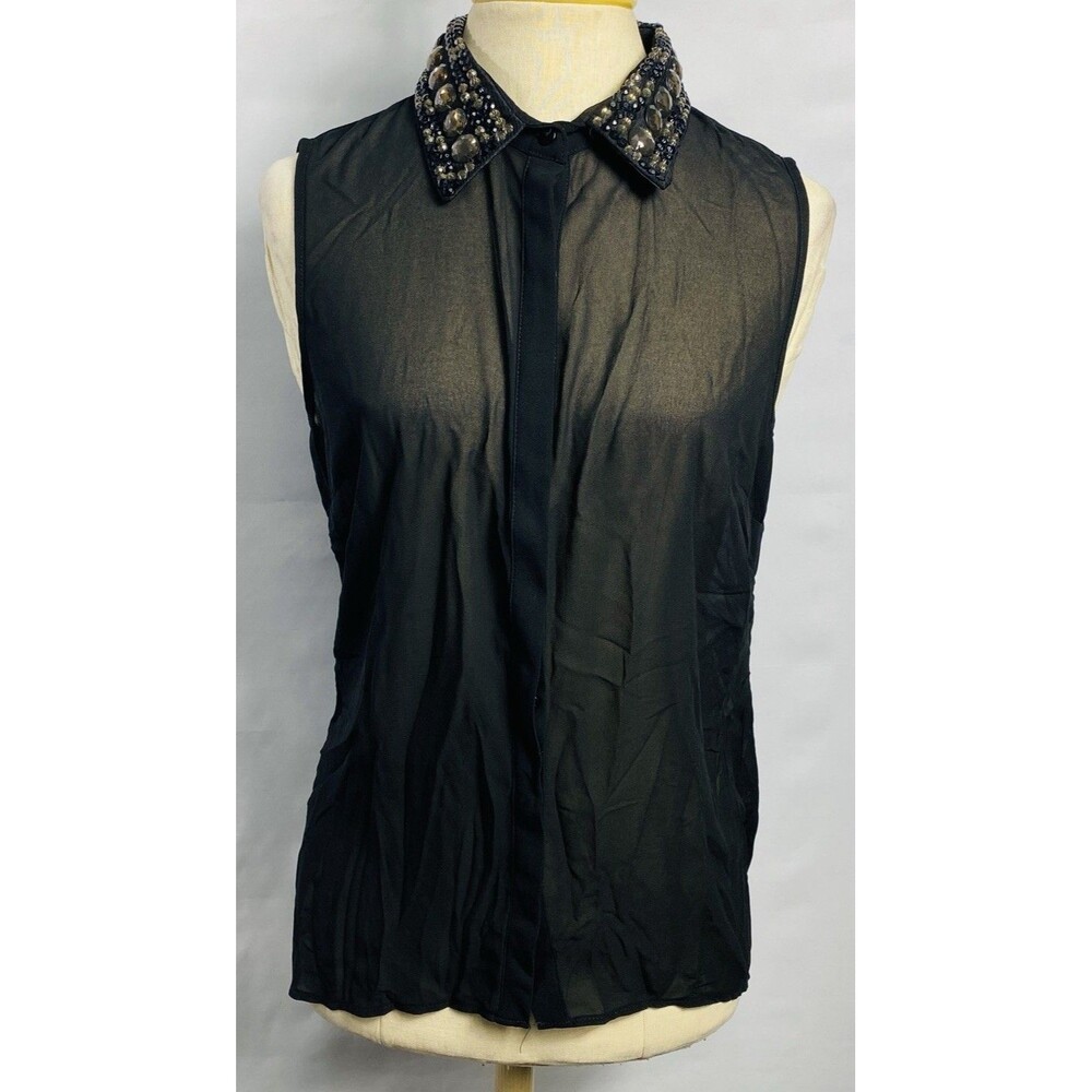 San Joy Women Studded Collar Shiffon Black Blouse Sleeveless Size M